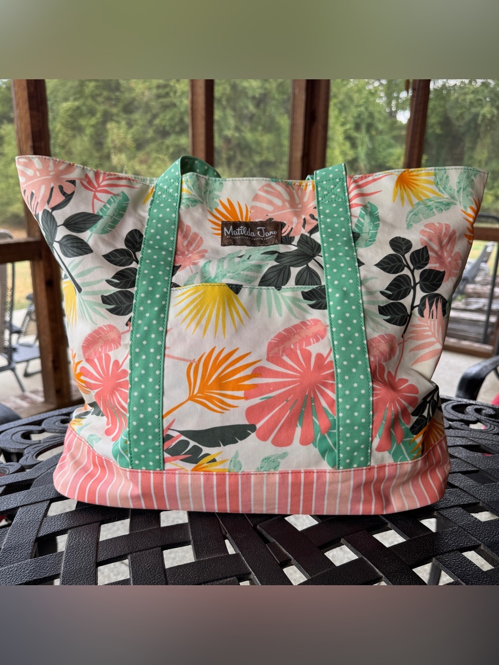 Matilda Jane Tropical Floral Tote Bag Coral Mint Polka Dot Canvas Large 31601A